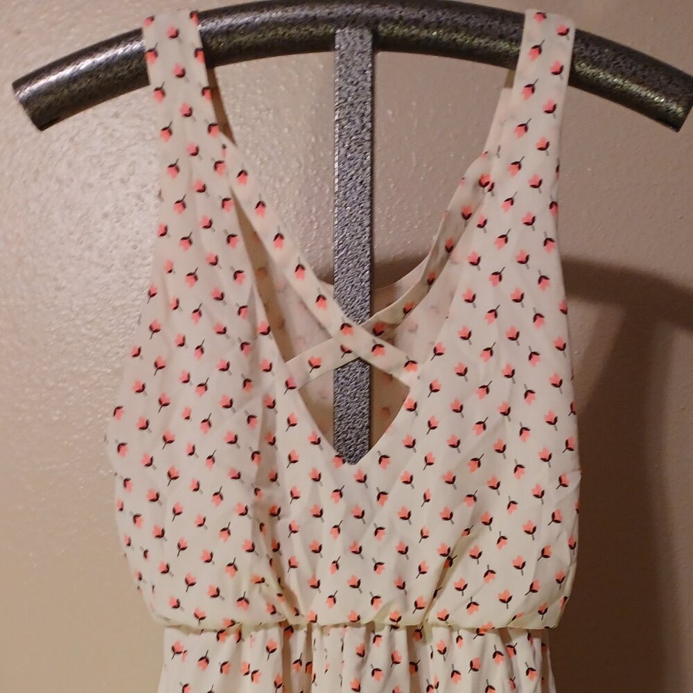Lush dress pink tulips, crisscross back, fitted waste